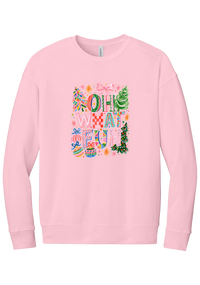 Oh What Fun crewneck sweatshirt in Pink, featuring hand-painted Oh What Fun letters with pink bows, whimsical Christmas trees, and ornaments