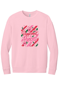 Peppermint Princess crewneck sweatshirt in Pink, featuring pink Peppermint Princess script with candy canes, a crown, and bows on red and green brush strokes