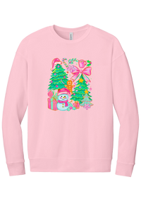 Preppy Christmas Doodle crewneck sweatshirt in Pink, featuring a doodle collage of Christmas trees, a snowman, a gingerbread man, gifts, and pink bows