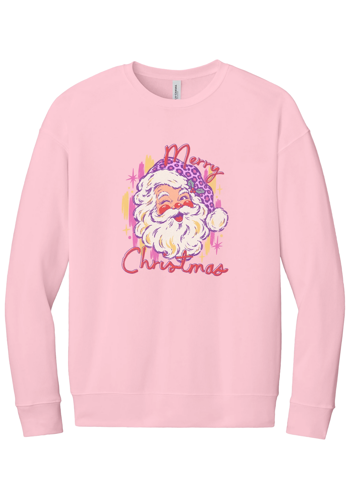 Preppy Santa (Pink Leopard) crewneck sweatshirt in Pink, featuring a vintage Santa in a pink leopard hat with Merry Christmas script and sparkles
