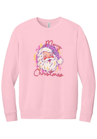 Preppy Santa (Pink Leopard) crewneck sweatshirt in Pink, featuring a vintage Santa in a pink leopard hat with Merry Christmas script and sparkles
