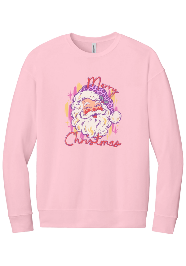Preppy Santa (Pink Leopard) crewneck sweatshirt in Pink, featuring a vintage Santa in a pink leopard hat with Merry Christmas script and sparkles