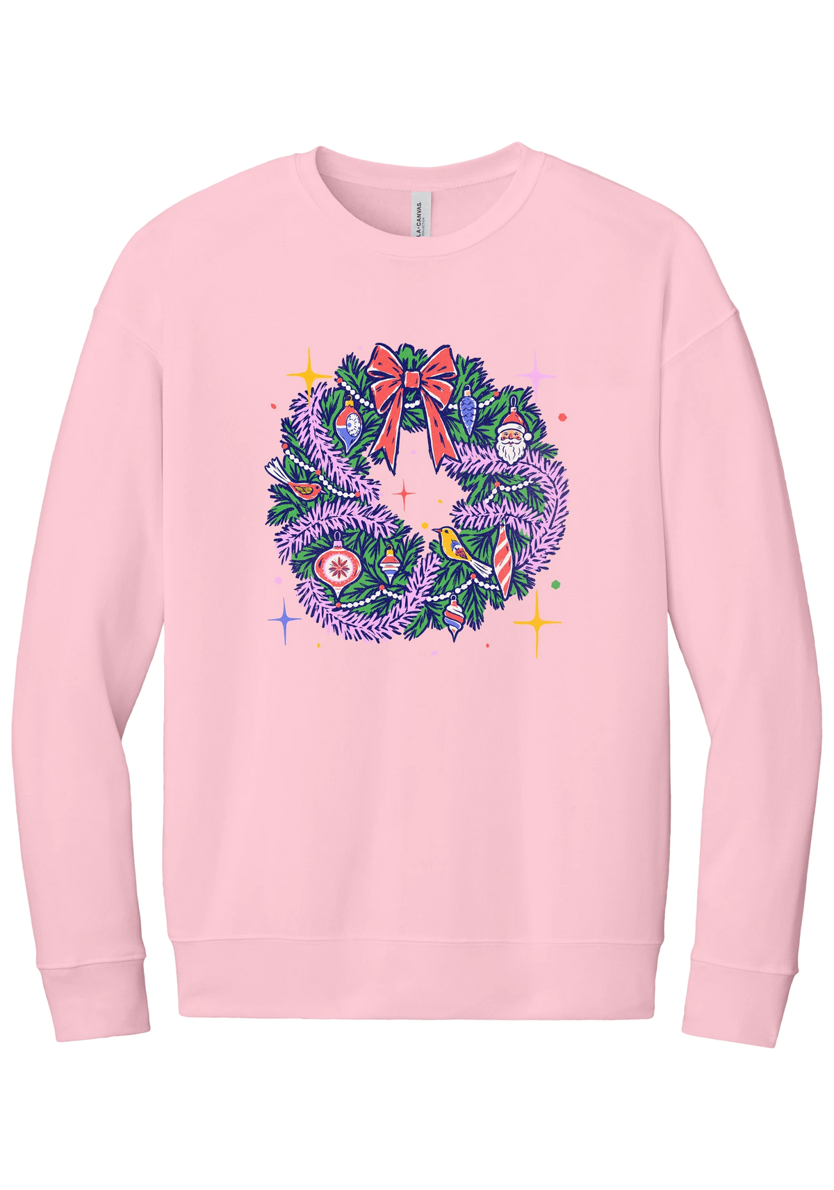 Retro Wreath crewneck sweatshirt in Pink, featuring a retro tinsel Christmas wreath with vintage ornaments and a red bow