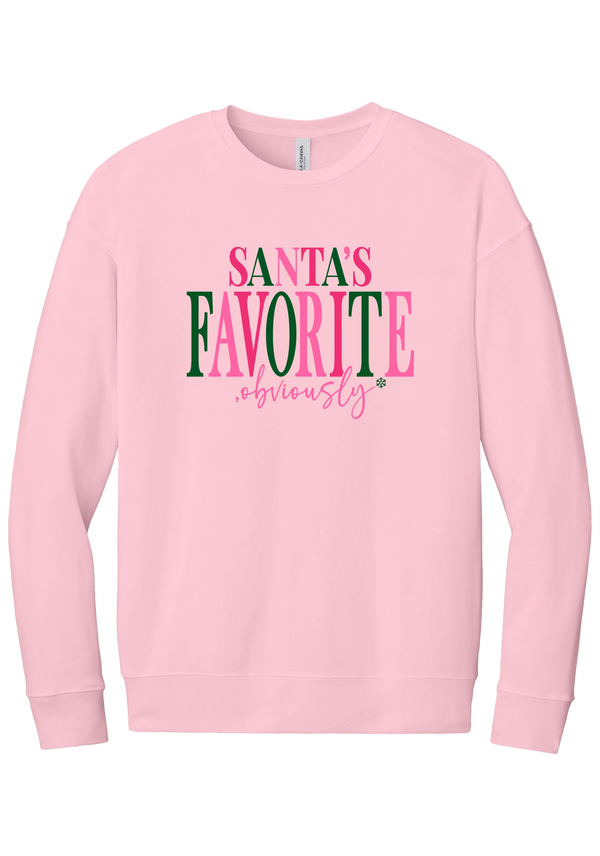 Santa's Favorite, Obviously crewneck sweatshirt in Pink, featuring SANTA'S FAVORITE in pink and green serif lettering with a pink script obviously and a green snowflake