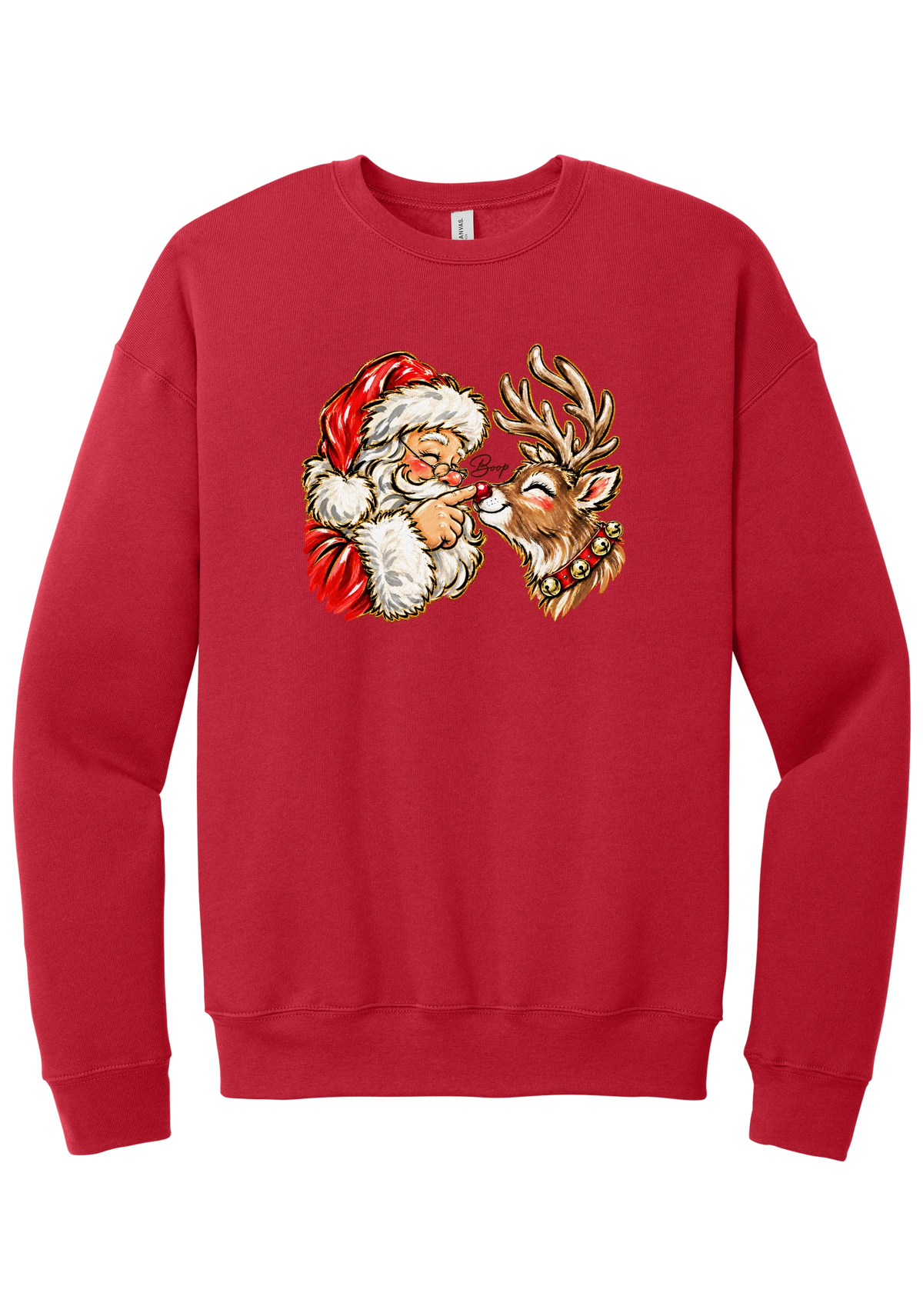 Santa and Rudolph Boop crewneck sweatshirt in Red, featuring a hand-painted vintage Santa booping a smiling reindeer on its red nose