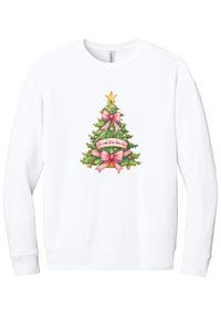 Adore Him Bow Tree crewneck sweatshirt in White, featuring a green Christmas tree with pink bows, a gold star, and an Oh Come Let Us Adore Him banner