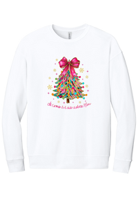 Adore Him Ribbon Tree crewneck sweatshirt in White, featuring a colorful ribbon Christmas tree with a pink bow over Oh Come Let Us Adore Him script