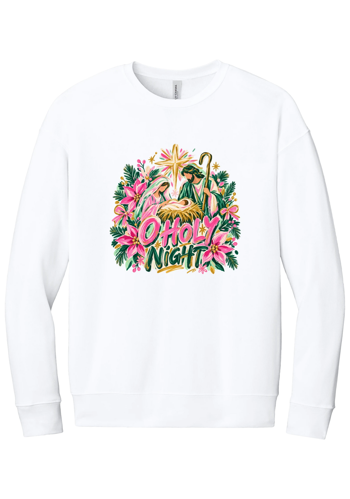 Artful O Holy Night crewneck sweatshirt in White, featuring a painted nativity under the star of Bethlehem with O Holy Night lettering framed by pink poinsettias and evergreen