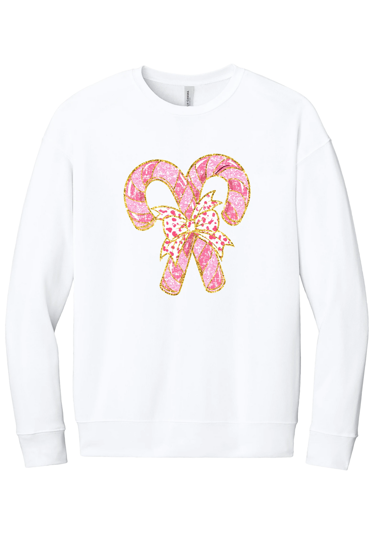 Candy Cane Bow crewneck sweatshirt in White, featuring two pink glitter candy canes tied with a leopard heart bow and gold trim