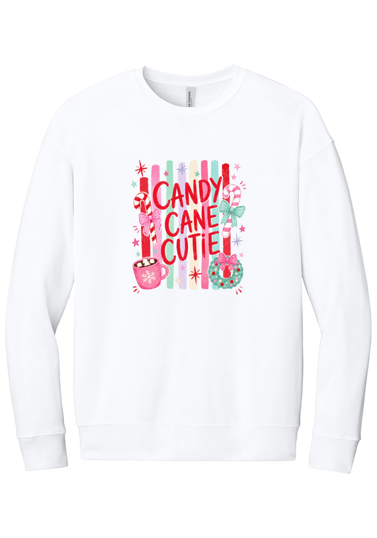 Candy Cane Cutie crewneck sweatshirt in White, featuring red CANDY CANE CUTIE letters on pastel stripes with candy canes, cocoa, and bows