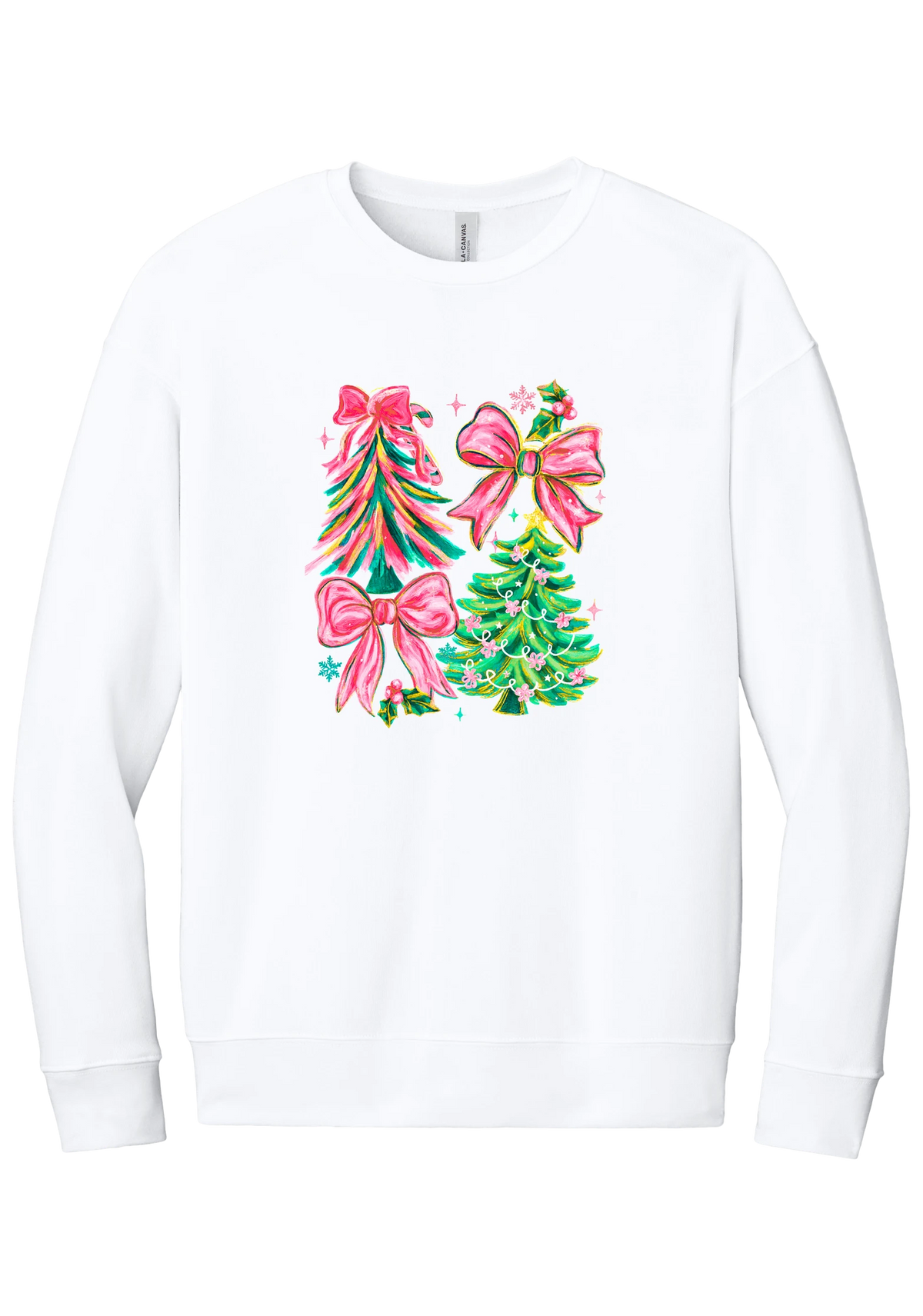 Christmas Tree Bows crewneck sweatshirt in White, featuring painted pink and green Christmas trees with big pink satin bows