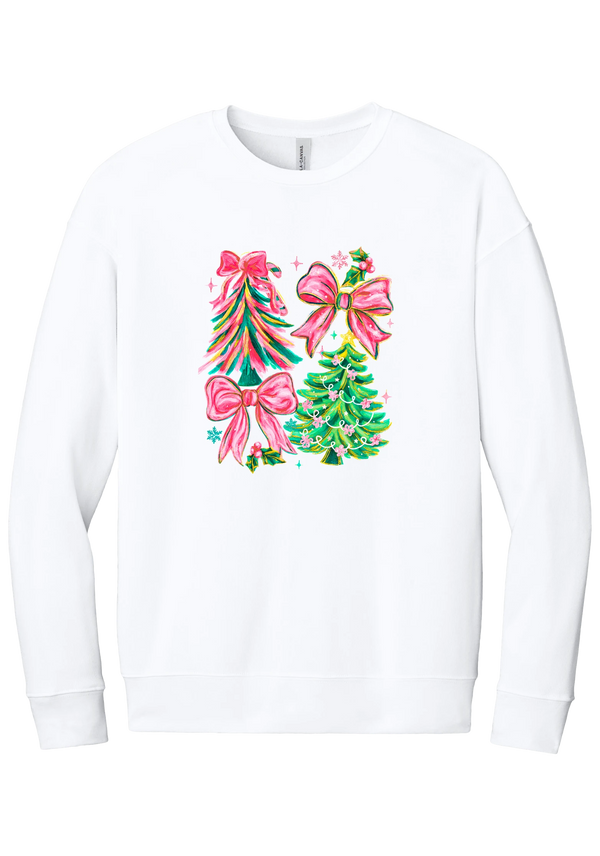 Christmas Tree Bows crewneck sweatshirt in White, featuring painted pink and green Christmas trees with big pink satin bows