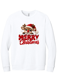 Crocheted Rudolph Merry Christmas crewneck sweatshirt in White, featuring a crochet-style reindeer in a Santa hat peeking over knit-texture Merry Christmas lettering with snowflakes
