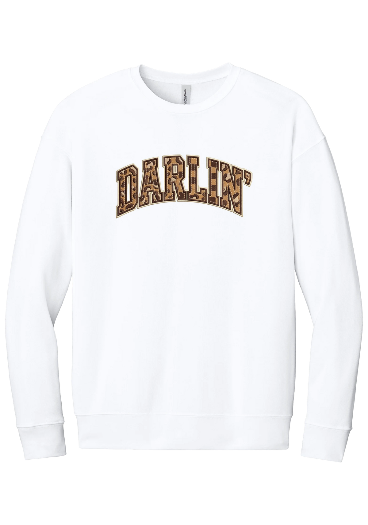 Darlin' crewneck sweatshirt, Checker Outline design, in White, featuring arched varsity DARLIN' letters filled with leopard and checker print