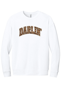 Darlin' crewneck sweatshirt, Checker Outline design, in White, featuring arched varsity DARLIN' letters filled with leopard and checker print