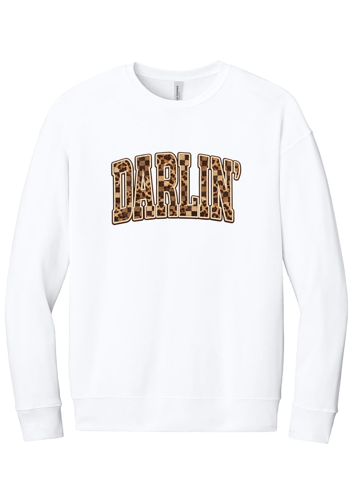 Darlin' crewneck sweatshirt, Leopard Checker design, in White, featuring arched varsity DARLIN' letters filled with leopard and checker print