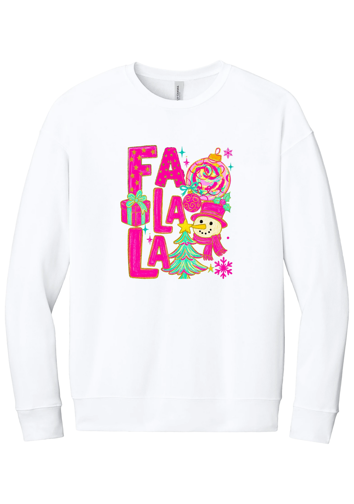 Fa La La Snowman crewneck sweatshirt in White, featuring stacked hot pink FA LA LA letters with a snowman, a tinsel tree, gifts, and ornaments