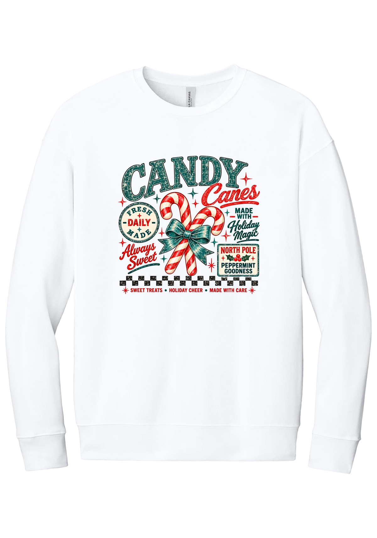 Fresh Candy Canes crewneck sweatshirt in White, featuring vintage candy shop lettering with two striped candy canes tied in a green bow, a North Pole Peppermint Goodness sign, and a checkerboard stripe
