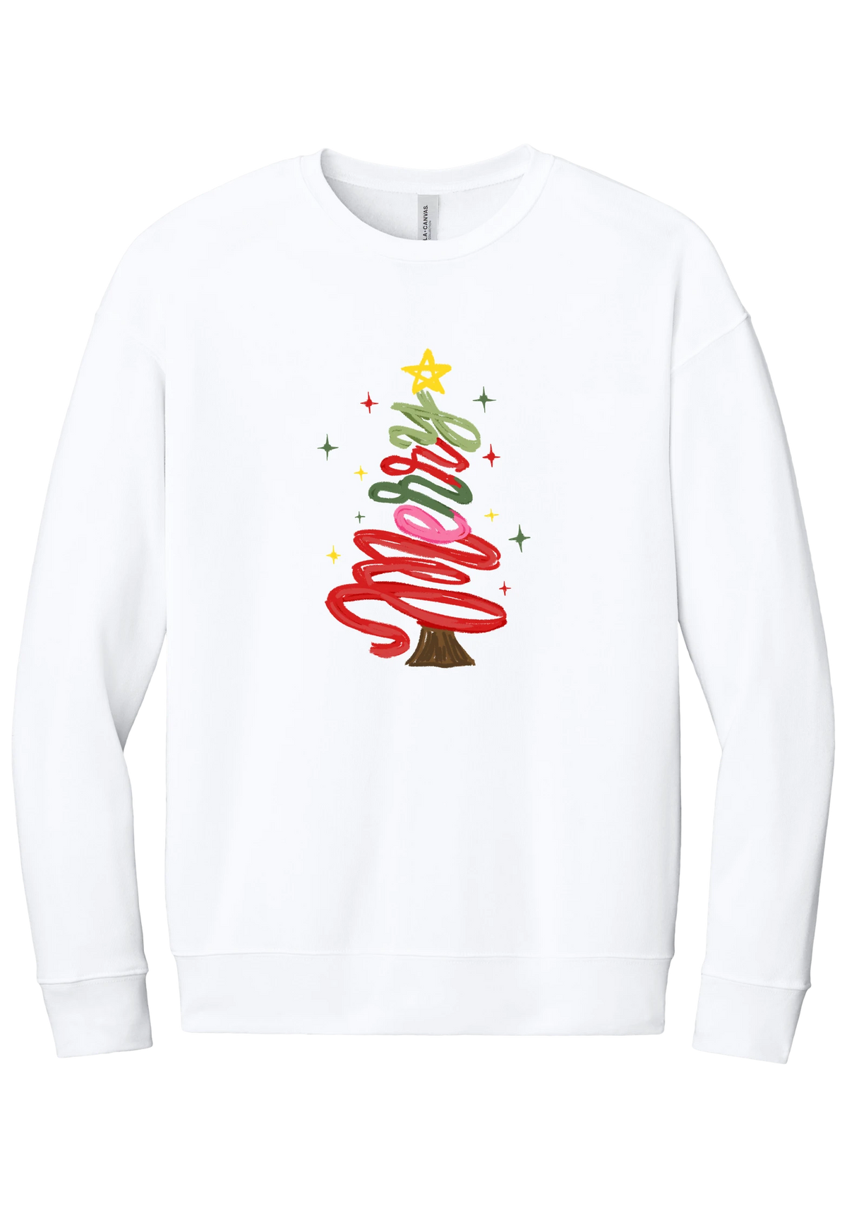 Hand Script Merry Christmas Tree crewneck sweatshirt in White, featuring loopy hand-drawn script in red, pink, and green forming a Christmas tree with a gold star and sparkles