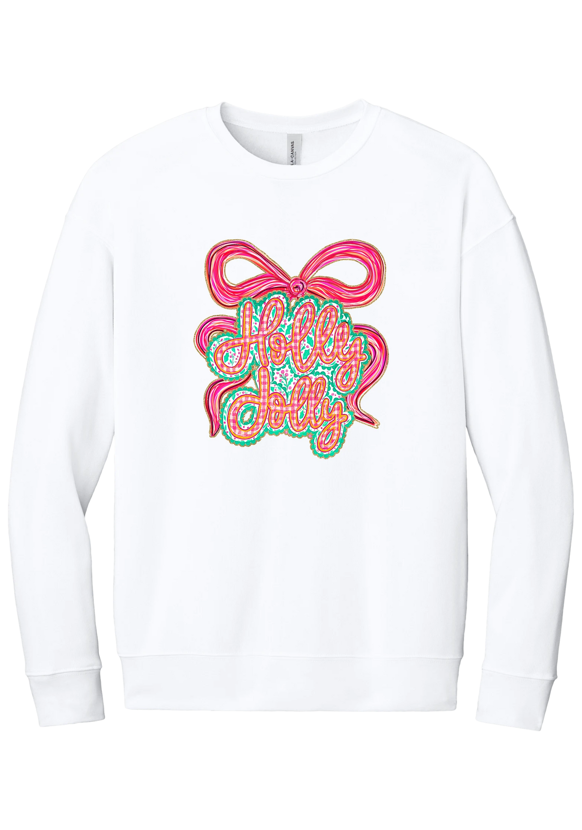 Holly Jolly Bow Script crewneck sweatshirt in White, featuring pink gingham Holly Jolly script on a teal badge framed by a big pink bow