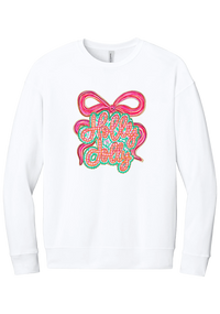 Holly Jolly Bow Script crewneck sweatshirt in White, featuring pink gingham Holly Jolly script on a teal badge framed by a big pink bow