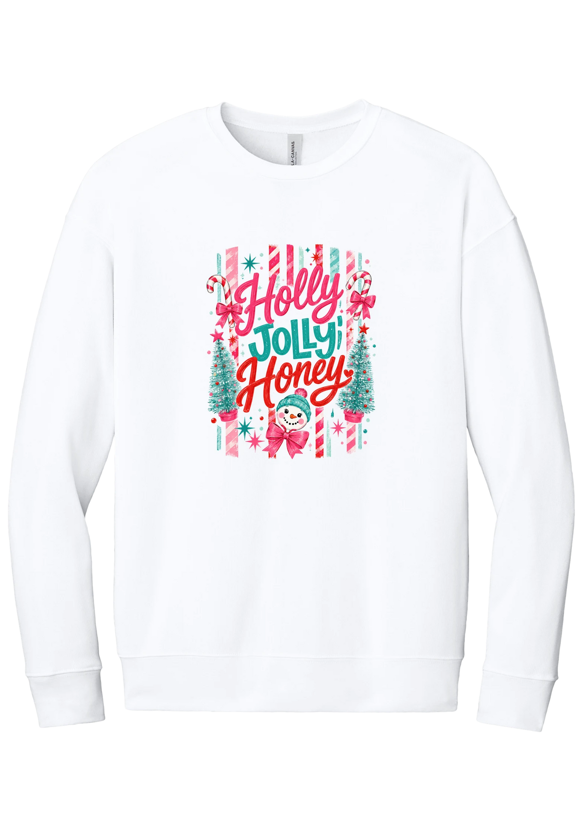 Holly Jolly Honey crewneck sweatshirt in White, featuring red and teal Holly Jolly Honey script with candy cane stripes, bottle brush trees, and a snowman