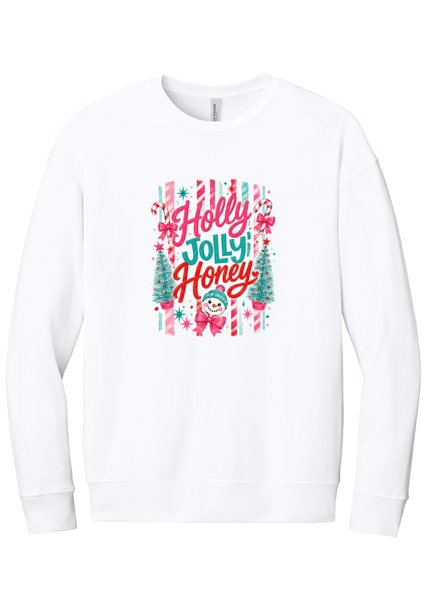Holly Jolly Honey crewneck sweatshirt in White, featuring red and teal Holly Jolly Honey script with candy cane stripes, bottle brush trees, and a snowman