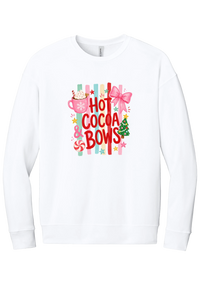 Hot Cocoa and Bows crewneck sweatshirt in White, featuring red HOT COCOA and BOWS letters on pastel stripes with a cocoa mug and a pink bow
