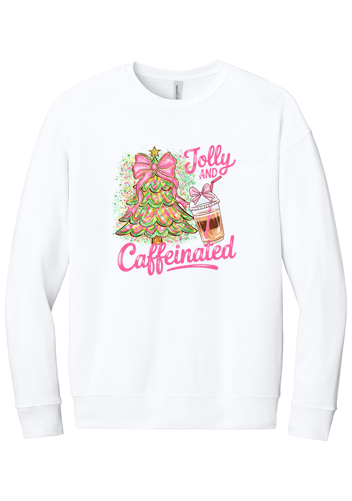 Jolly and Caffeinated crewneck sweatshirt in White, featuring a pink bow Christmas tree and an iced coffee with Jolly and Caffeinated script