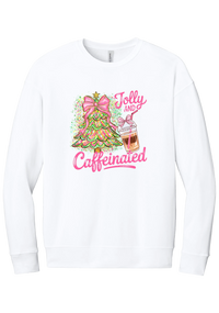 Jolly and Caffeinated crewneck sweatshirt in White, featuring a pink bow Christmas tree and an iced coffee with Jolly and Caffeinated script