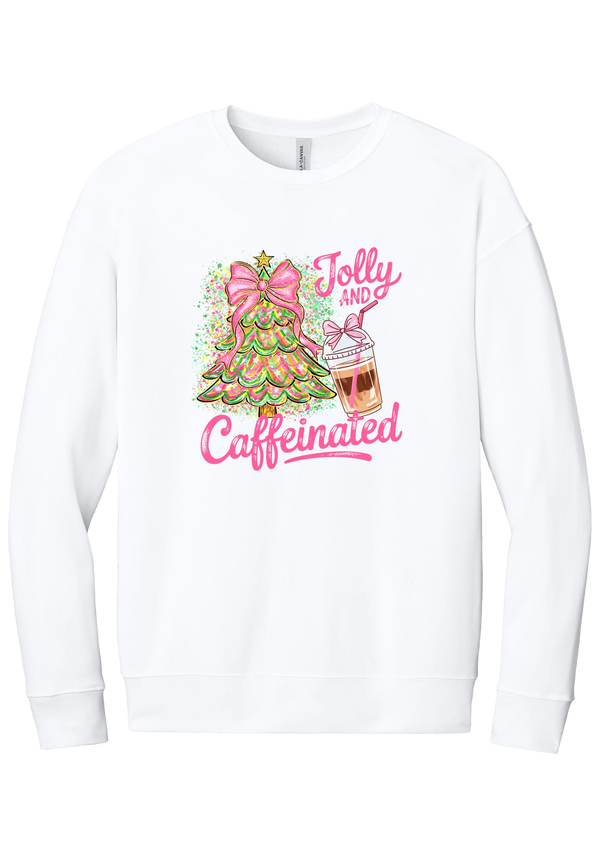 Jolly and Caffeinated crewneck sweatshirt in White, featuring a pink bow Christmas tree and an iced coffee with Jolly and Caffeinated script