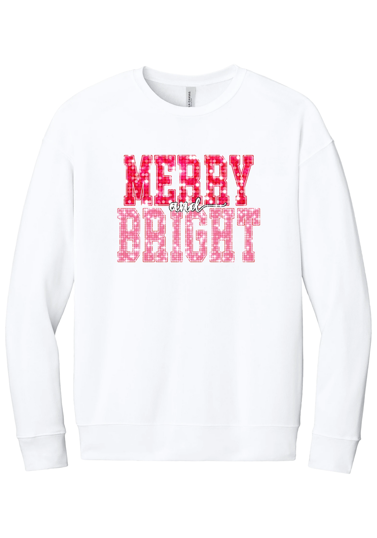 Merry and Bright Sequin crewneck sweatshirt in White, featuring varsity MERRY and BRIGHT letters with a pink and red sequin look