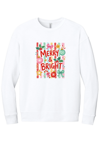 Merry and Bright Striped crewneck sweatshirt in White, featuring red MERRY and BRIGHT letters on pink and green stripes with ornaments and holly