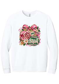 Merry and Bright Ornaments crewneck sweatshirt in White, featuring hand-painted pink and green ornaments reading Merry and Bright with a pink bow, holly, daisies, a candy cane, and a gingerbread man