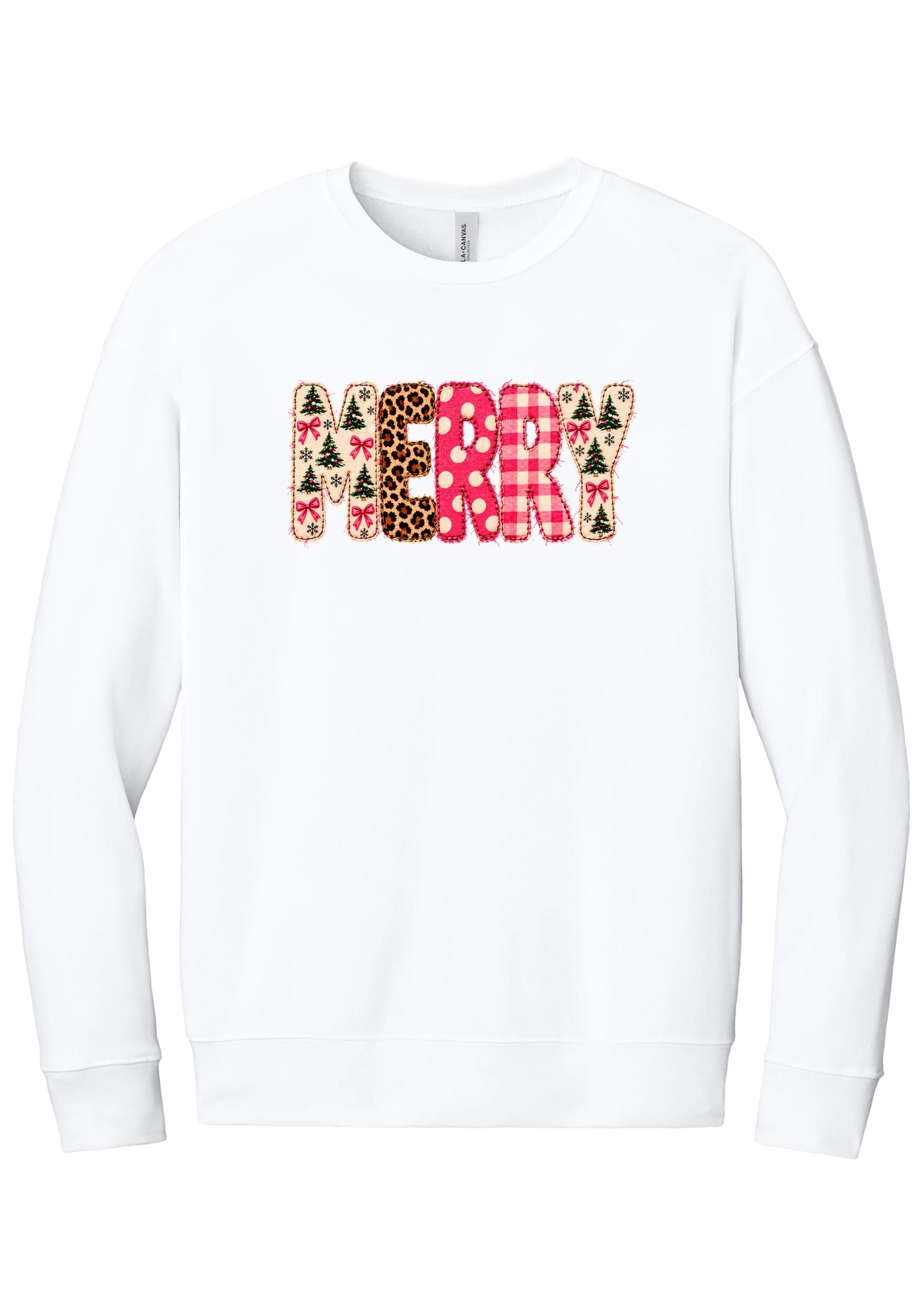 Merry Preppy Applique crewneck sweatshirt in White, featuring faux applique MERRY letters in pink and green patchwork patterns with trees, gingham, Santas, polka dots, and candy cane stripes