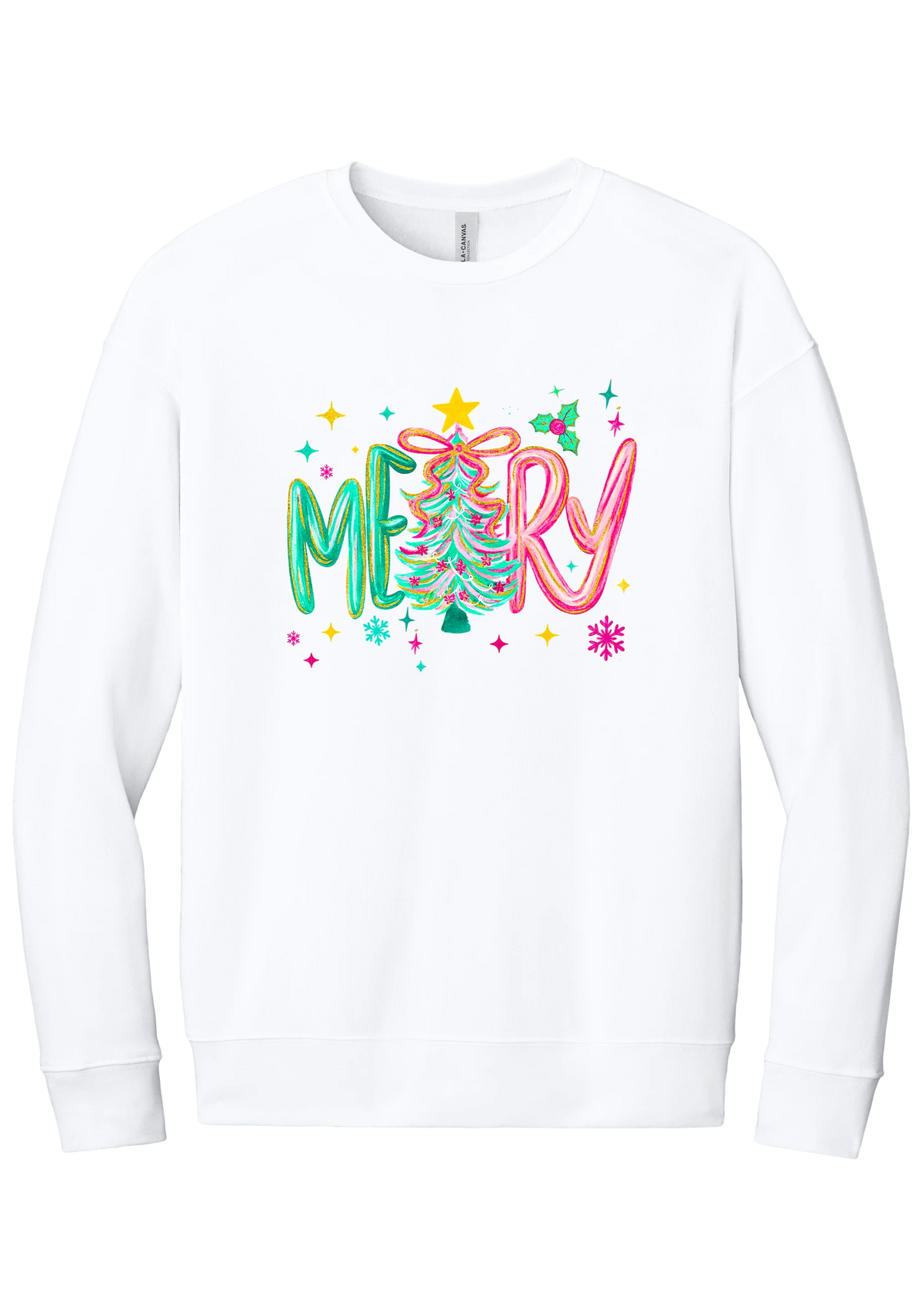 Merry Tinsel Tree crewneck sweatshirt in White, featuring puffy teal and pink MERRY letters around a tinsel Christmas tree with a gold star