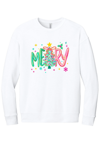 Merry Tinsel Tree crewneck sweatshirt in White, featuring puffy teal and pink MERRY letters around a tinsel Christmas tree with a gold star