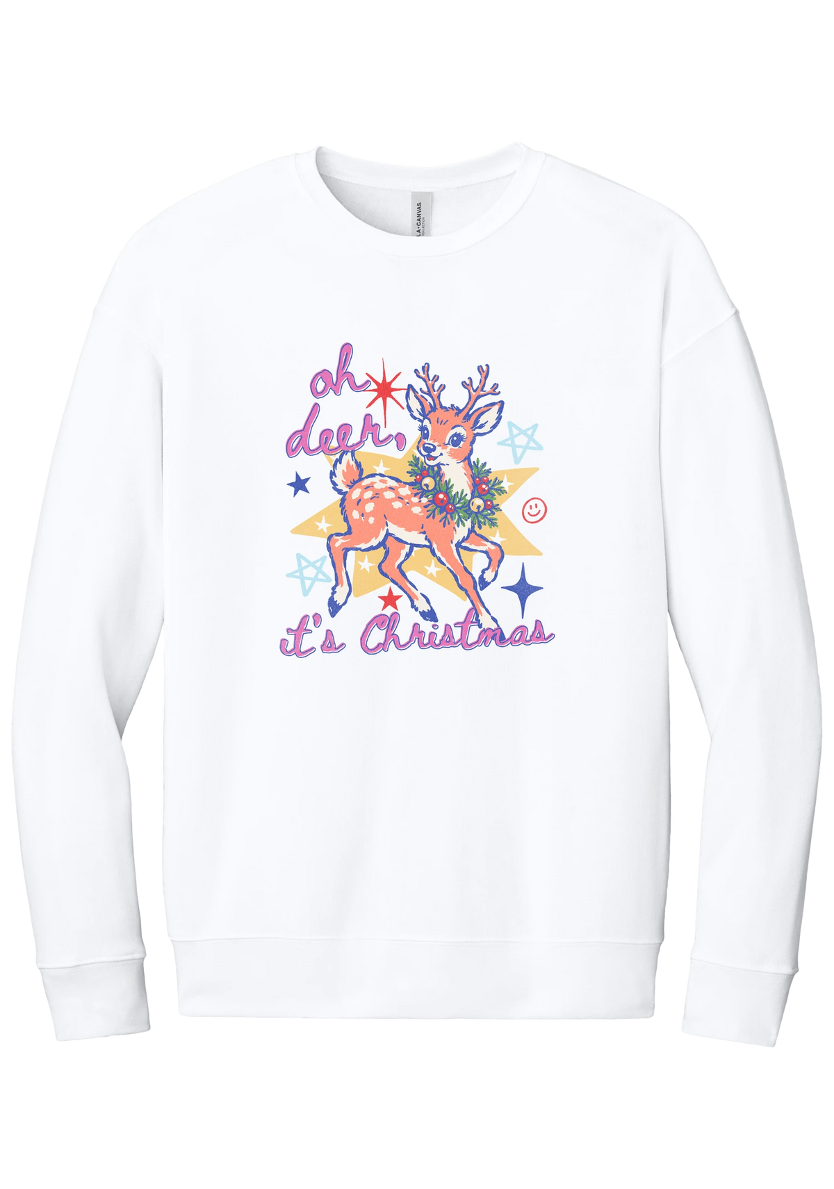 Oh Deer Retro crewneck sweatshirt in White, featuring a retro spotted fawn with a holly wreath, pastel stars, and Oh Deer It's Christmas script