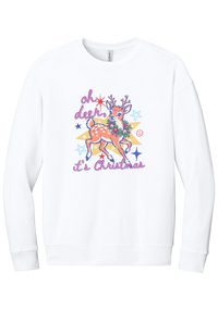 Oh Deer Retro crewneck sweatshirt in White, featuring a retro spotted fawn with a holly wreath, pastel stars, and Oh Deer It's Christmas script