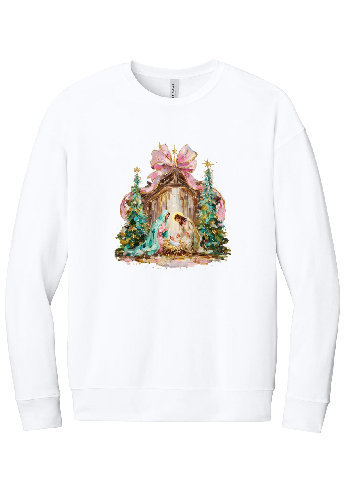 Painterly Nativity crewneck sweatshirt in White, featuring a painterly nativity scene with Mary, Joseph, and baby Jesus in a wooden stable between teal Christmas trees and a pink bow