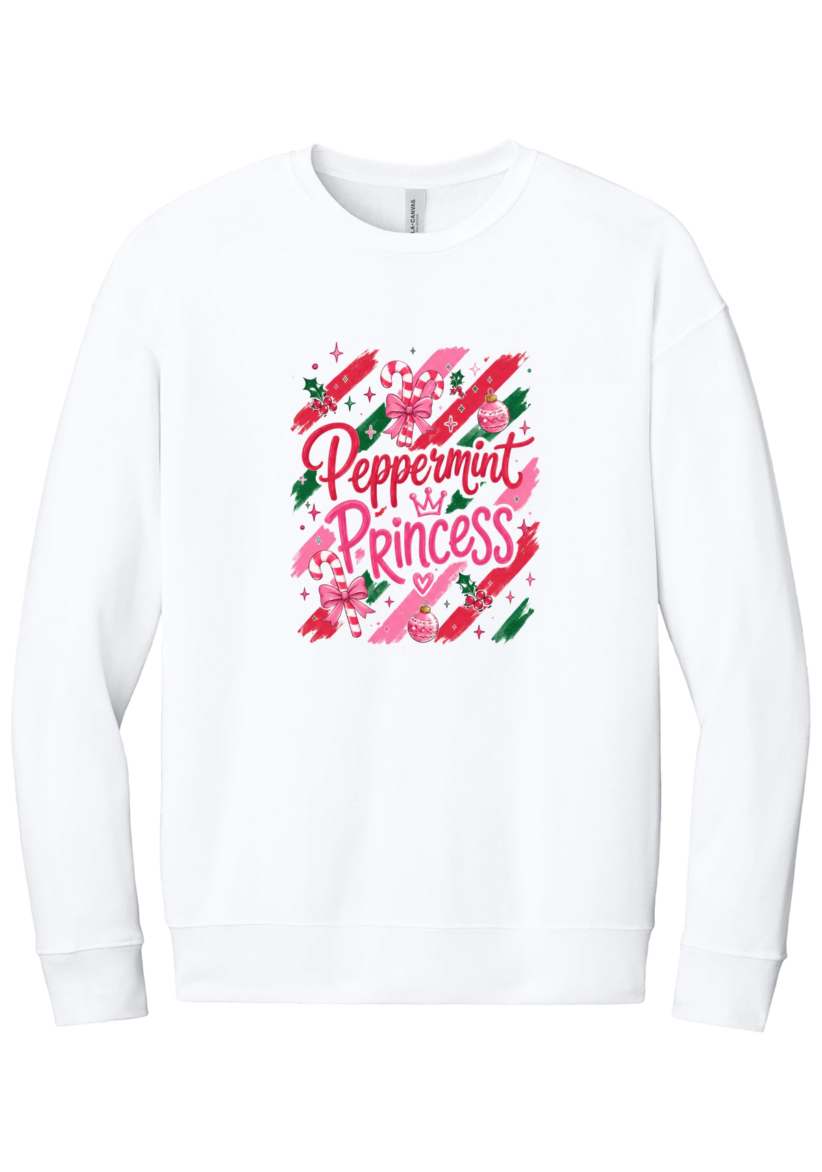Peppermint Princess crewneck sweatshirt in White, featuring pink Peppermint Princess script with candy canes, a crown, and bows on red and green brush strokes