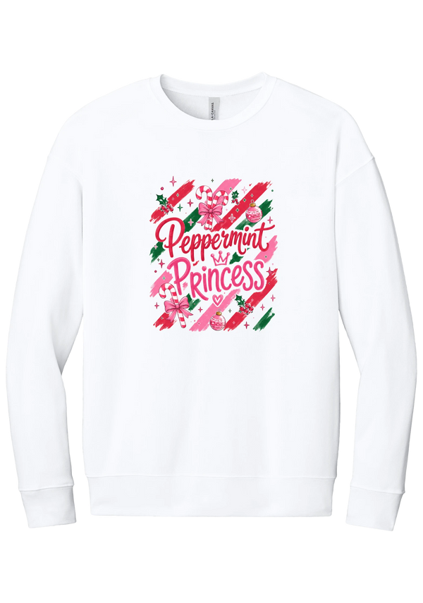 Peppermint Princess crewneck sweatshirt in White, featuring pink Peppermint Princess script with candy canes, a crown, and bows on red and green brush strokes