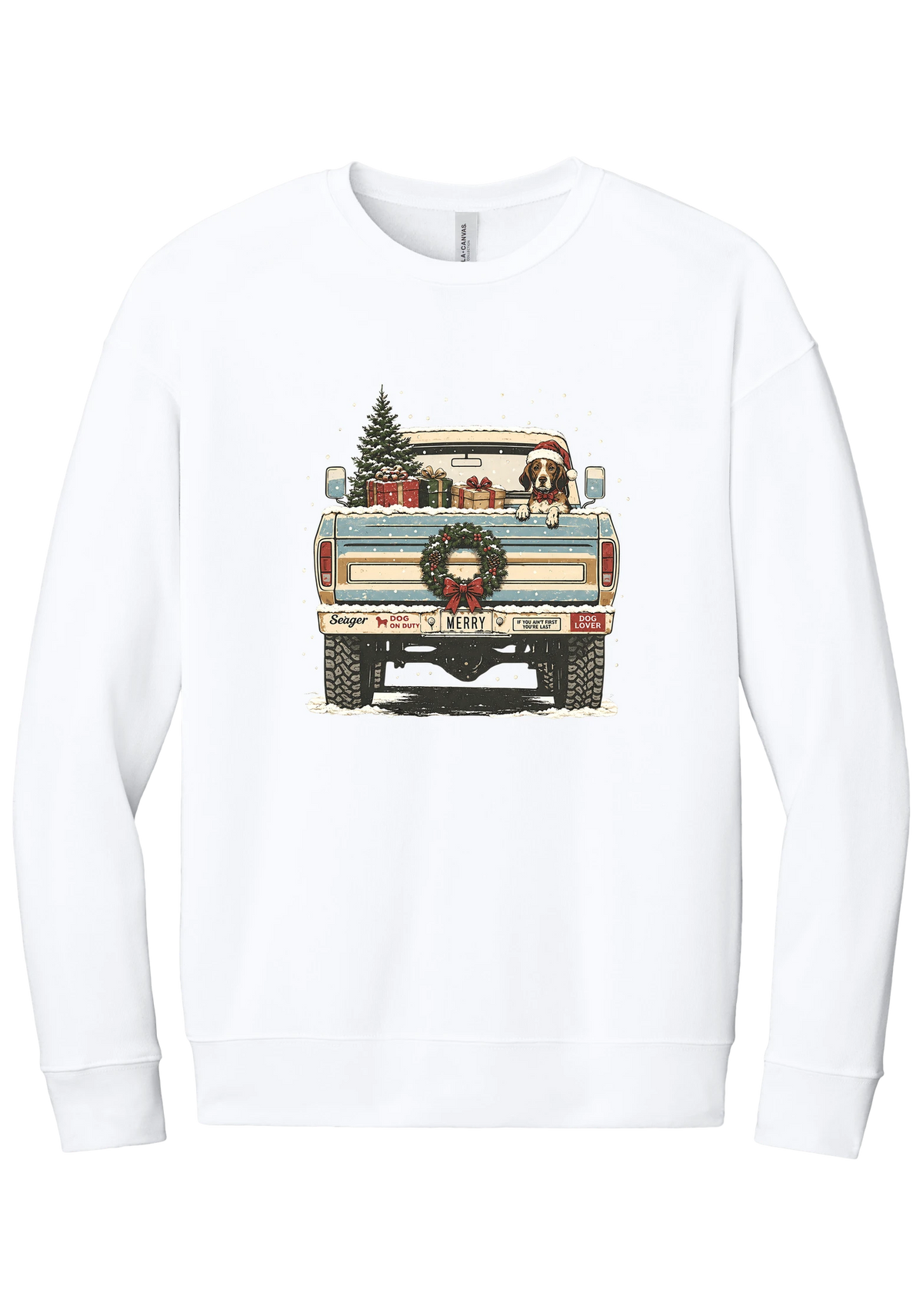 Christmas Pickup Truck with Dog crewneck sweatshirt in White, featuring a vintage pickup truck with a Christmas tree, wrapped gifts, a tailgate wreath, and a dog in a Santa hat