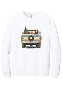 Christmas Pickup Truck with Dog crewneck sweatshirt in White, featuring a vintage pickup truck with a Christmas tree, wrapped gifts, a tailgate wreath, and a dog in a Santa hat
