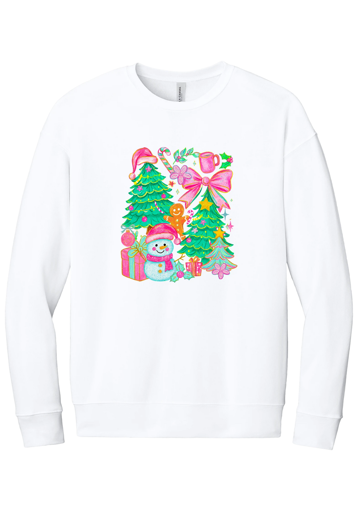 Preppy Christmas Doodle crewneck sweatshirt in White, featuring a doodle collage of Christmas trees, a snowman, a gingerbread man, gifts, and pink bows