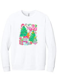 Preppy Christmas Doodle crewneck sweatshirt in White, featuring a doodle collage of Christmas trees, a snowman, a gingerbread man, gifts, and pink bows