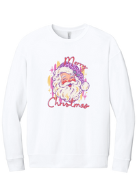 Preppy Santa (Pink Leopard) crewneck sweatshirt in White, featuring a vintage Santa in a pink leopard hat with Merry Christmas script and sparkles