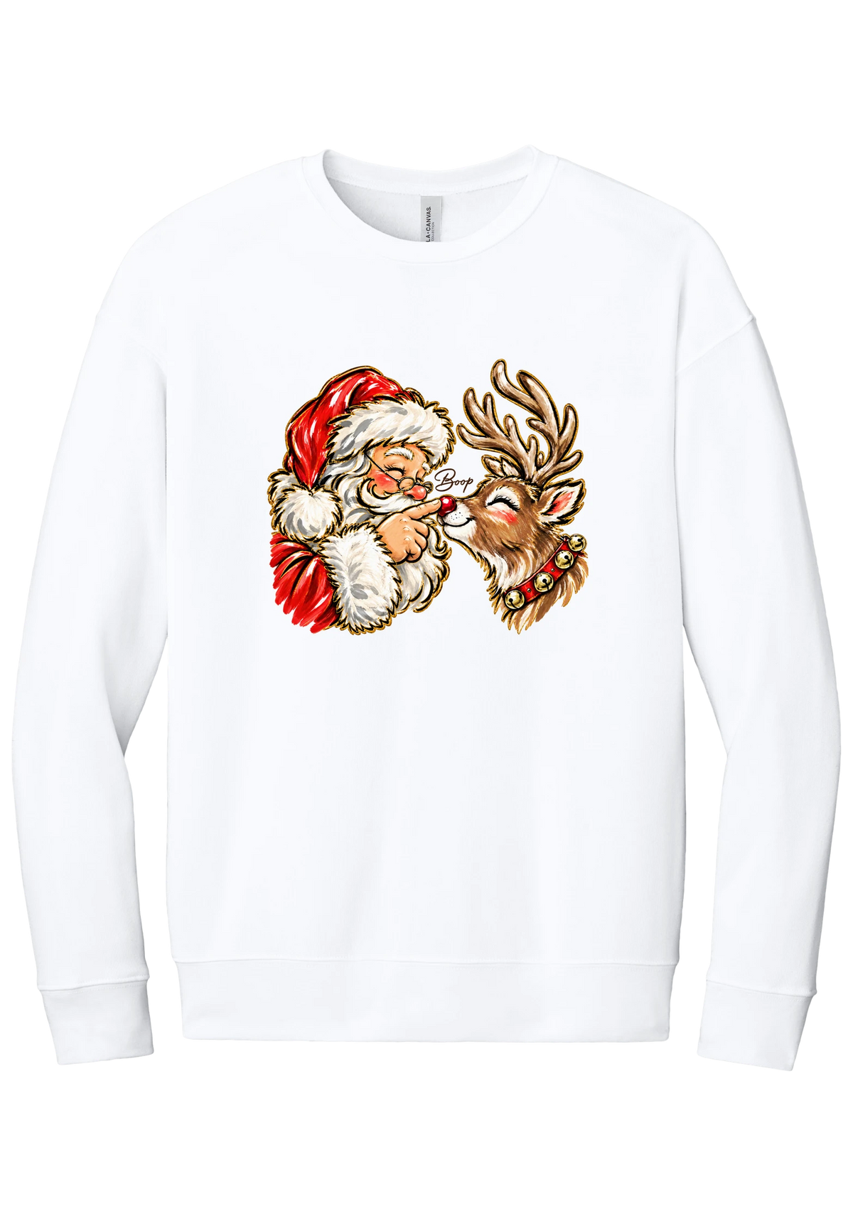 Santa and Rudolph Boop crewneck sweatshirt in White, featuring a hand-painted vintage Santa booping a smiling reindeer on its red nose