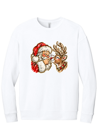 Santa and Rudolph Boop crewneck sweatshirt in White, featuring a hand-painted vintage Santa booping a smiling reindeer on its red nose