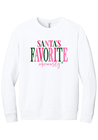 Santa's Favorite, Obviously crewneck sweatshirt in White, featuring SANTA'S FAVORITE in pink and green serif lettering with a pink script obviously and a green snowflake